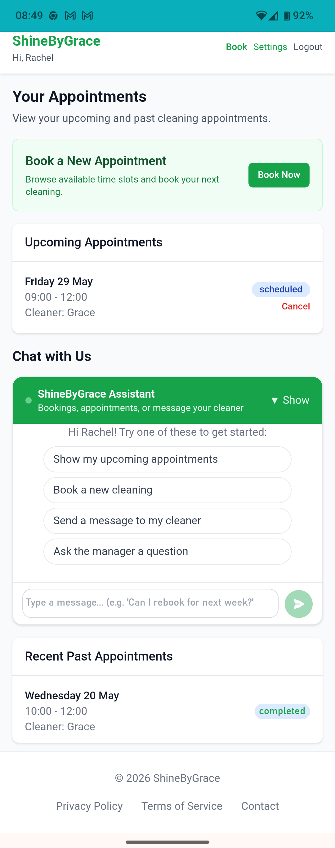 ShineByGrace customer app on a phone